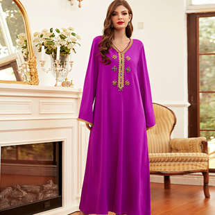 BA9029 Rose Red Hand-stitched Glass Diamond Gold Embroidered Long-sleeved Arabian Long Dress Robe dress