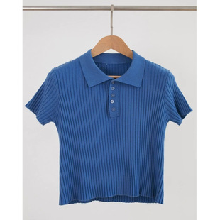 Klein Blue Knitted Short-Sleeved Polo Shirt for Women Summer Thin Slim Fit Lapel T-Shirt Fashionable Age-Reducing Top