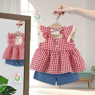 Children's Suit Girl's Summer Western-style Plaid Top Shorts Two-piece Set Baby Girl's Casual Top 5097