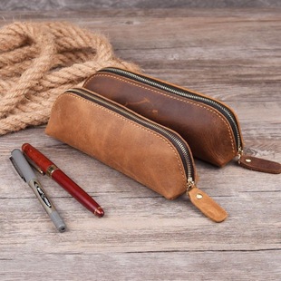 Simple pencil case best selling crazy horse men's and women's stationery pencil case pen storage zipper glasses bag wholesale generation black