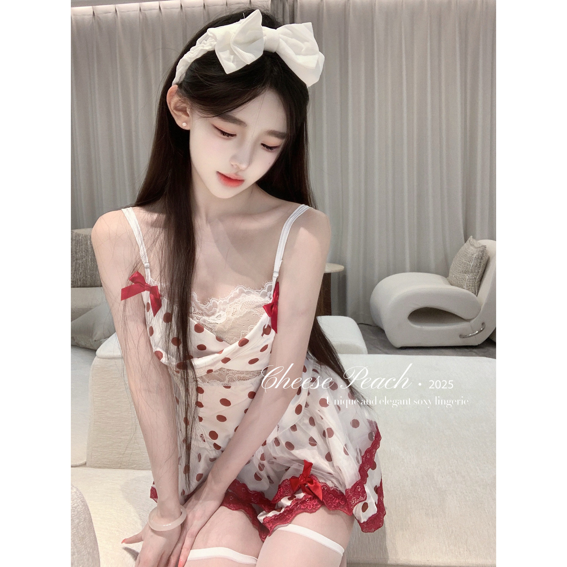 Xishi Home Cute and Playful* Pure Desire and Adorable Polka Dot Lace Backless Nightgown Sexy Nightdress Set