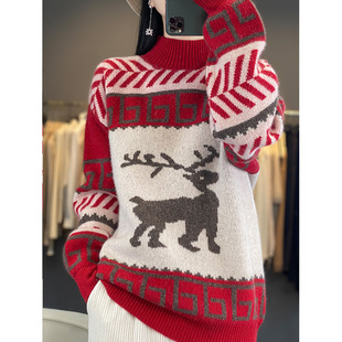Red Sweater Autumn and Winter New Crewneck Pullover Men's and Women's Same Knitted Wool Base Shirt Rich Deer Jacquard
