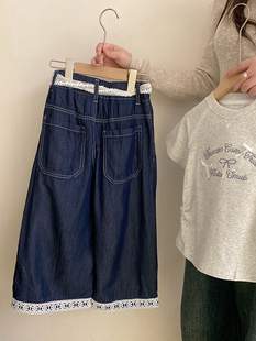 Girls Korean Style Summer New Arrival Embroidered Bow Short Sleeve 2025 Lace Ribbon Casual Wide Leg Jeans