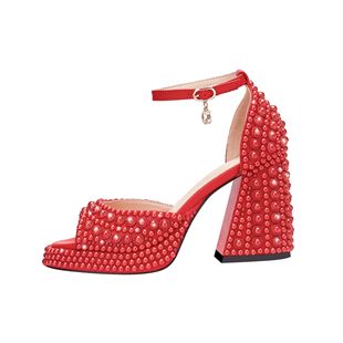 Foreign Trade Cross-Mirror Solid Color New Waterproof Platform Thick Heel Sandals Handmade Pearl Inlaid High Heels Red Thick Sole