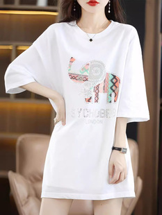 2024 Summer New Arrival Loose Mid-length Women's Hot Drilling Cotton Short-sleeved T-shirt Large Size All-match Shoulder-drop T-shirt