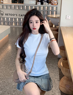 Pure Cotton Shoulder Short-sleeved T-shirt Women's Summer Casual All-match Top Ins Trendy T-shirt Slim-fit Slimming Basic Base Shirt