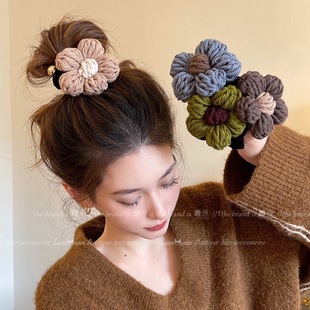 Autumn and Winter Wool Flower Straight Telephone Line Hair Ring Headwear Women's Pony Tail Bubble Braid Hair Braiding Artifact Headband Rubber Band