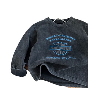 Children's long sleeve T-shirt 2025 spring new boys and girls retro printed cotton bottoming shirt baby old washed t