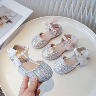 Girls' Sandals 2024 New Summer Children's Princess Style Crystal Shoes Summer Women's Baby Leather Shoes