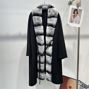 2024 autumn and winter new double-sided cashmere coat full leather rex rabbit fur placket wool imitation chinchilla fur coat for women