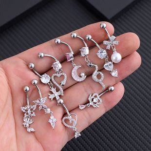 Cross-border e-commerce new pearl heart-shaped snake cross pink zircon belly button ring stainless steel zircon belly button nail