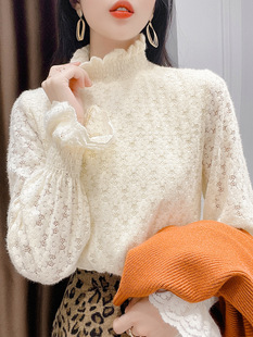 fleece-lined Lace Base Shirt Women's Long-sleeved Autumn and Winter Half-turtleneck Lace Shirt Western-style Inner Small Shirt Warm Lace Top