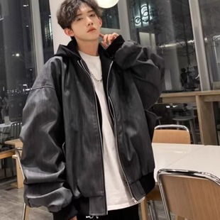 Autumn American Style Retro Textured Leather Fake Two-piece Jacket Men's Trendy Brand High Street Plumpkin Handsome Loose Work Jacket