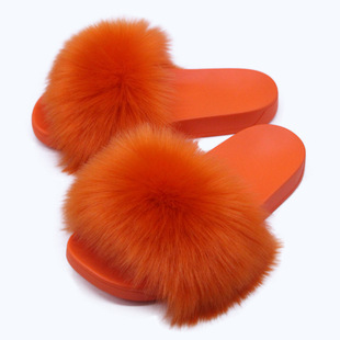 Foreign Trade New Maomao Solid Color Flat Slippers Women's Home Casual Fox Hair Open Slippers Cross-border