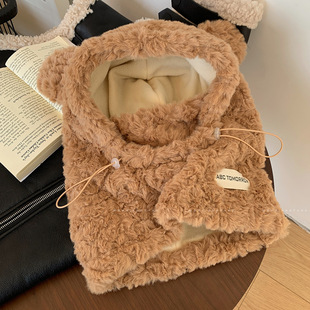 Cute Thickened Plush Bear Hat and Scarf All-in-One Women's Autumn and Winter Korean Style Warm Ear Protection Cap for Cycling Cold Wave