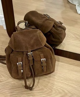 Korean Retro Academy Style Imported Suede Top Layer Cowhide Double Pocket Mini Genuine Leather Backpack Original Small Backpack