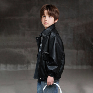 Children's Jacket Spring and Autumn Boys' 2025 New Top Full Size Trendy Brand Zipper Shirt Korean Style Jacket Men's PU Leather