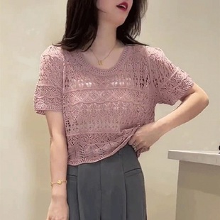 Summer Sweet Girl-style Crochet Short-sleeved Thin Knitted Sweater Fresh Outer Hollow-out Blouse Crewneck Short Top