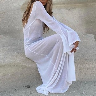 Factory spot 2023 summer new European and American cross-border sexy backless long sleeve perspective mesh long dress