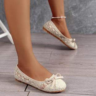 2023 spring hollow-out breathable lace mesh shoes women's flat heel bow flat shoes shallow mouth plus size women's shoes