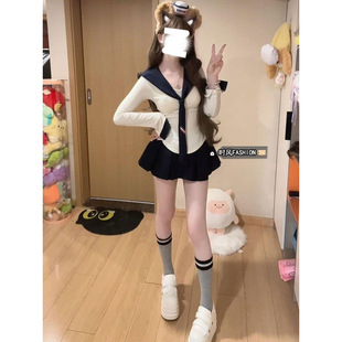 Senior Age-reducing Navy Collar Top Women's Spring Pure Slim-fit Long-sleeved Base Shirt Pinch Waist Slim-fit Skirt suit