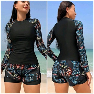 Foreign Trade Cross-border Split Swimsuit Women's Long-sleeved Conservative Printed Soft Cup Amazon AliExpress Sports Swimsuit Two Pieces