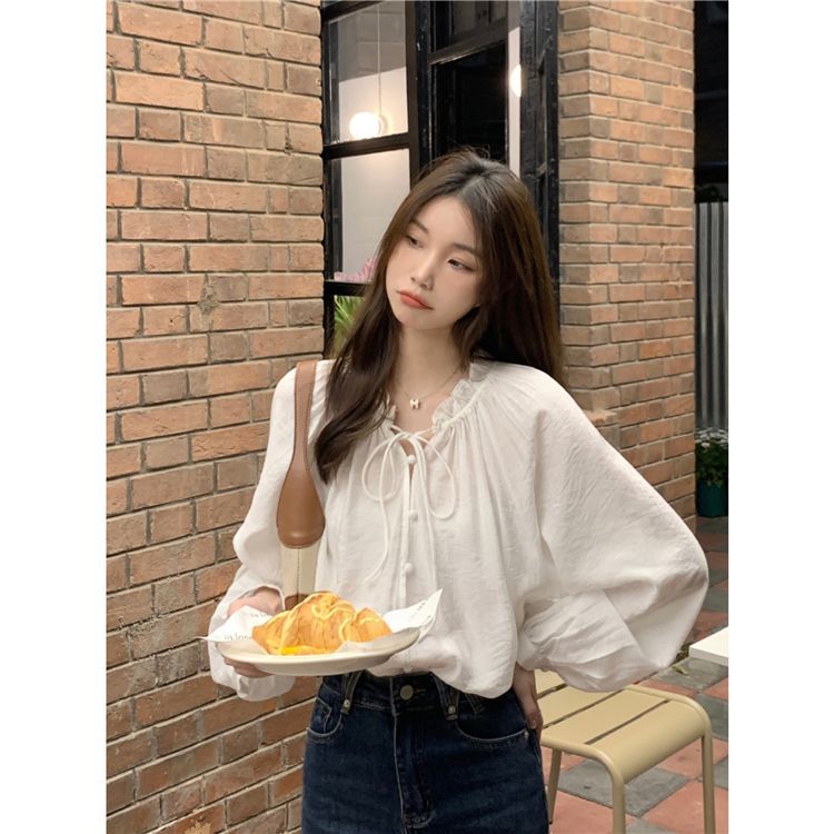 틈새 슬림 프랑스 스타일 레이스 업 패션 여성 긴팔 티셔츠 가을 랜턴 슬리브 달콤한 스파이스 소녀 디자인 탑