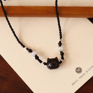 Natural Obsidian Necklace Woven Rope Clavicle Chain Sweater Chain Pendant Unisex Crystal Necklace Pendant Couple