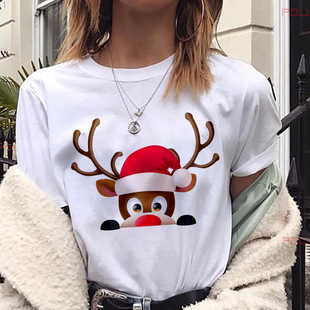 Christmas T-shirt Рождественская леди с короткими рукавами футболка мультфильм рог принт уличный тренд повседневный хлопок