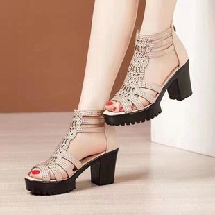 Real Soft Leather High-heeled Sandals Women's Summer Outer Wear Soft Sole Mid-heeled Hollow Women's Shoes Thick Sole Non-slip Fashionable Fish-toe Sandals