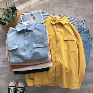Japanese style solid color workwear shirt men's spring and autumn loose simple pocket shirt clothes trendy Ruan handsome casual long-sleeved jacket