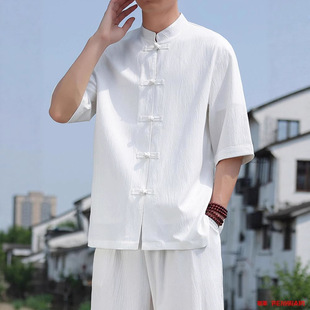 Chinese Style Cool Fit-on-breasted Shirt Men's Half-sleeve One-line Buckle Tang Taiji Shirt National Trendy Literati Half-sleeve Jacket