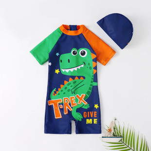 Children's One-piece Swimsuit Male Small and Medium-sized Children's Baby Cute Cartoon Dinosaur Sunscreen Quick-drying Short-sleeved Swimsuit Hat Set