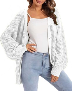 Cross-border Sweater Coat Lantern Sleeve Knitted Cardigan Sweater Coat Women's V-Neck Single-breasted Lazy Style Cardigan