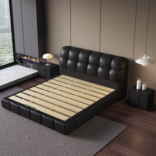 Italian Light Luxury Leather Bed Master Bedroom High-end Double Black Puff Bed Modern Simple Storage Leather Soft Bag Wedding Bed