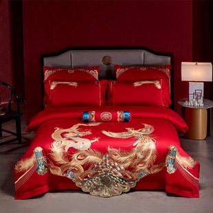 Chinese-style Longfeng Wedding 100 Long-staple Cotton Embroidered Big Red Wedding Four-piece Quilt Cover Newlywed Bedding