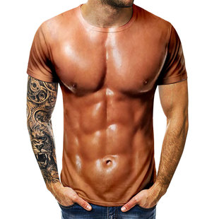 2023 Summer New Foreign Trade Style Muscle Men 3D Digital Printing Men's Crewneck T-shirt Short Sleeve Design
