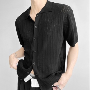 South Korea Hollow Lapel Short-sleeved Men's Abstinence Knitwear Fashionable Lace Shirt Cardigan T-shirt Summer Duffy Handsome
