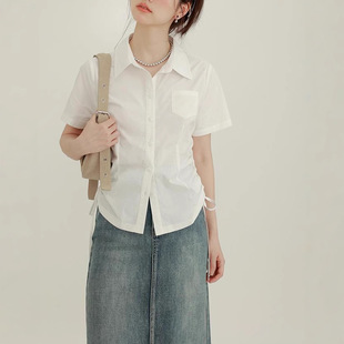 American Academy Style Side Waist Drawstring Design Sense Niche Short-sleeved Shirt Women's Summer White Top