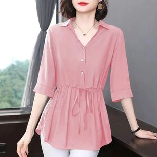 Green Mate Short-sleeved Shirt Women's Chiffon Mid-sleeved Summer New Belly Covering Top plus size Mid-long Western Style Beautiful