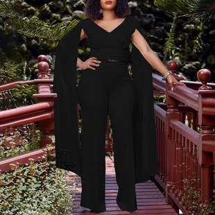 C8561 european and american women's clothing fashionable temperament commuter v-neck top wide leg pants two-piece set africa plus size foreign trade suit