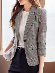 Grey Plaid Suit Wool Jacket Women's Autumn and Winter British Style Top 2024 New High-end Suit for Small Men