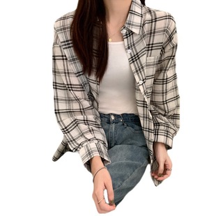 Cross-border Plaid Shirt Women's Internet Celebrity Joker Casual Long Sleeve Thin Top Loose Hong Kong Style Shirt Sunscreen Jacket Wholesale