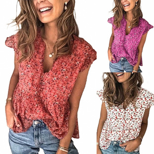 2020 spring and summer new cross-border AliExpress Amazon wish printed floral casual V-neck ruffle sleeve women's shirt