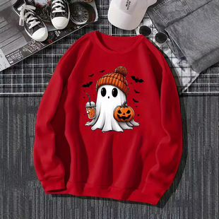 2024 European and American Halloween Cute Ghost Printing All-match Round Neck Casual Long Sleeve Sweatshirt Women's Early Autumn New