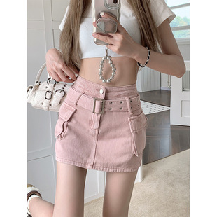 Vintage Design Sense High Waist Spice Girl Pink Denim Skirt Women's Summer Slim Lining Hip A- Line Short Pants Skirt
