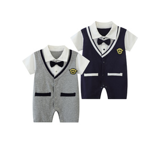 Summer baby jumpsuit gentleman thin cotton short sleeve British style handsome one month old one hundred days old baby Summer wear