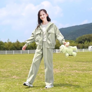 Girls' Spring and Autumn suit 2024 New Children's Hooded Jacket Straight Loose Casual Pants Comfortable Two-Piece Trendy