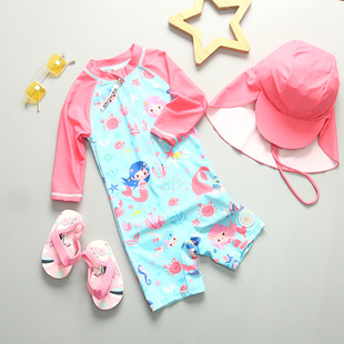 New Children's One-piece Surfing Clothes Long-sleeved Children's Baby Girls' Cute Baby Printed Sunscreen Swimsuit