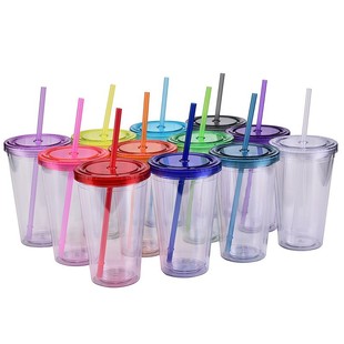Cross-border hot sale 16oz double-layer plastic straw cup solid color transparent water cup simple juice drink milk tea shop Cup